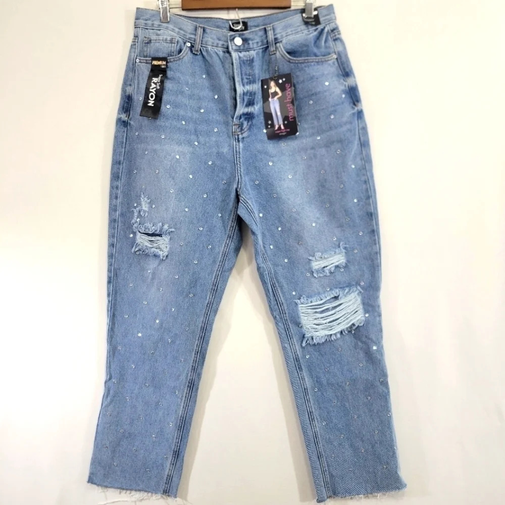 NEW Simple Society Embellished Super High Rise Button Fly Straight Jeans size 32